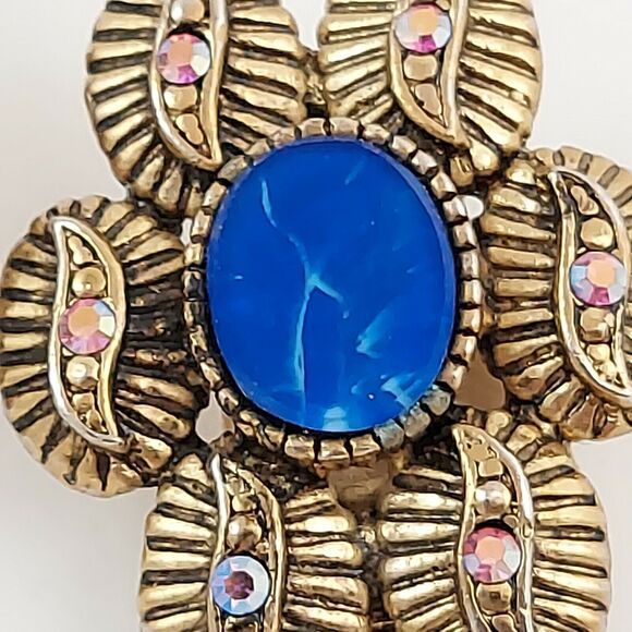 Vintage Blue Sodalite Flower Earrings Aurora Borealis Rhinestone Clip Estate DM - Picture 3 of 10